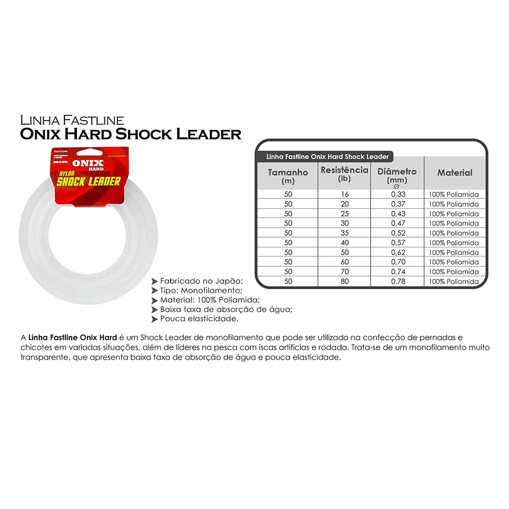 Linha Fastline Shock Leader Onix Hard 40lb 0,57mm (50m) - Sugoi